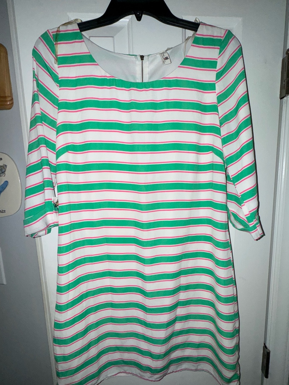 Pink Owl White Dress with Green & Pink Stripes sz medium